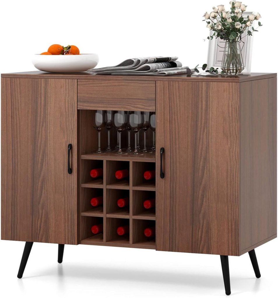 costway kitchen buffet sideboard, 2 door wine storage cabinet with removable 9 bottle wine rack, drawer & adjustable shelves, wooden server cupboard for dining living room, walnut