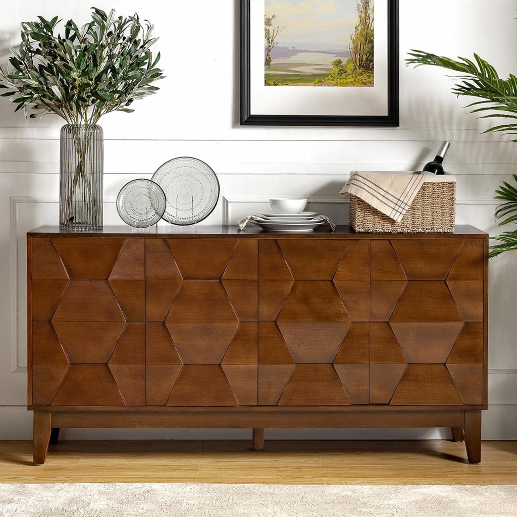 hulala home sideboard storage cabinet with 4 doors and adjustable shelves, large sideboard modern kitchen buffet cabinet with solid wood legs for living room and dining room, walnut