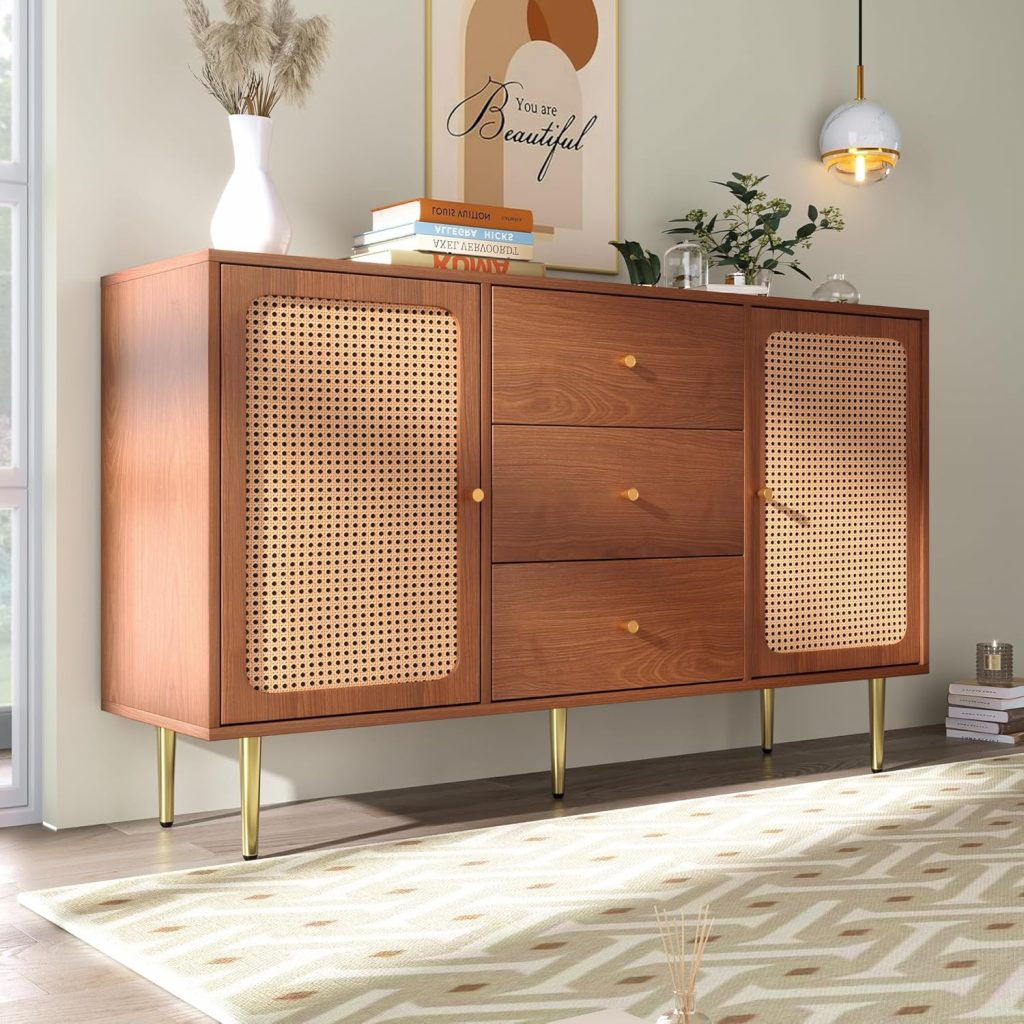 modernluxe sideboard storage cabinet with 2 doors and 3 drawers, rattan lattice decoration, living room cabinets with metal handles, chest of drawers, adjustable shelf, walnut, 150x40x90cm