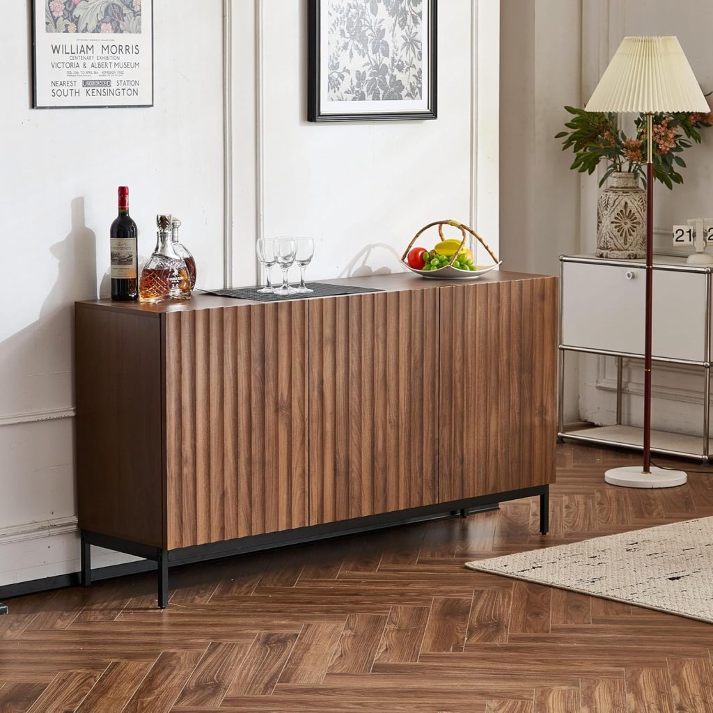 modernluxe sideboard with 3 doors, mid century storage cabinet with wavy 3d design, adjustable shelves & tip over protection, versatile storage unit for living room, dark oak grain, 150 × 40 × 80 cm